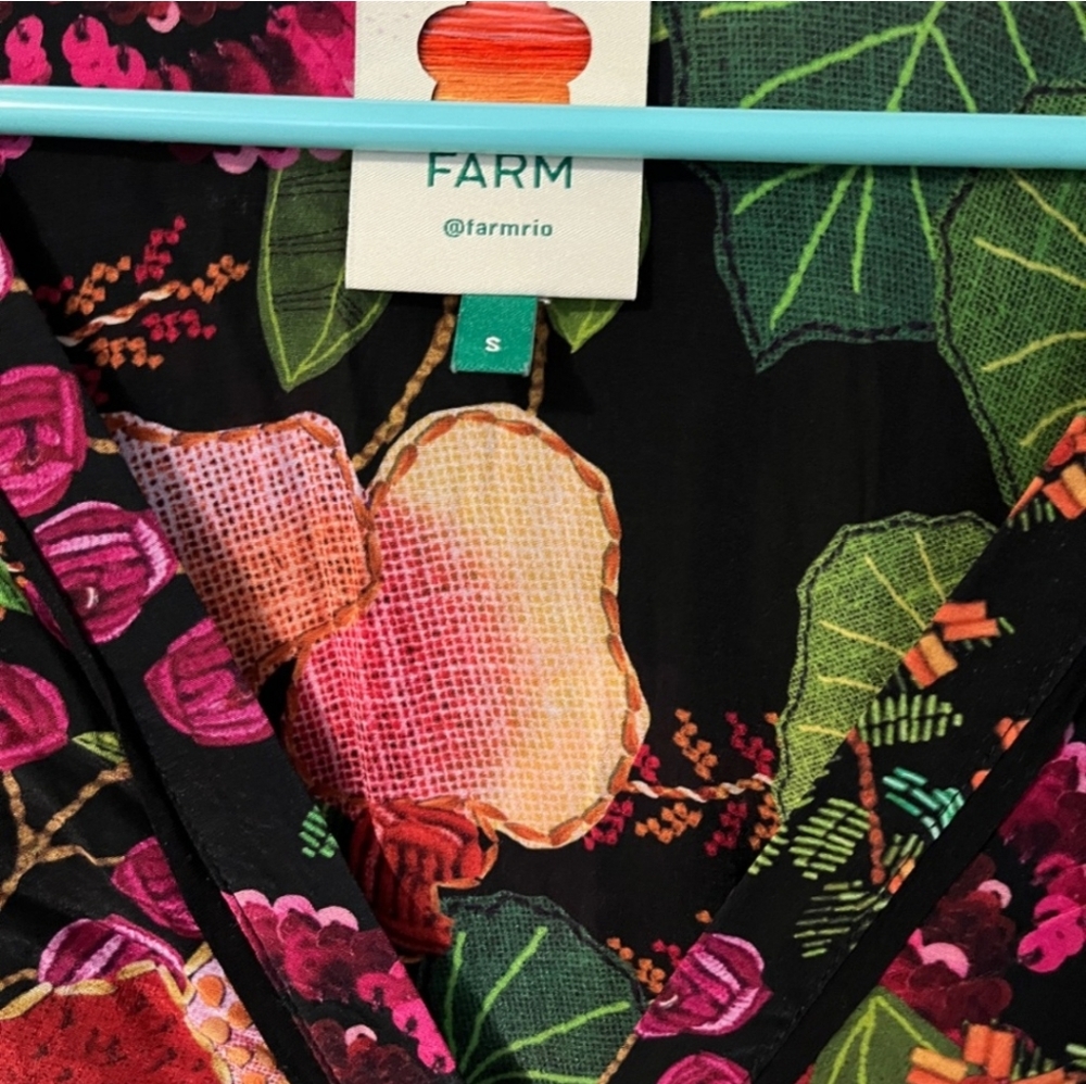 FARM RIO Black Fruit Floral Vibrant Balloon Sleeve Deep Plunge Blouse Size S - Picture 4 of 11